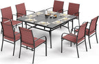Patio Dining Set for 8, 60" x 60" Square Metal Table with Umbrella Hole, 8 x Stable Dining Chairs, Outdoor Table and Chairs Set for Lawn Backyard and Deck, Red