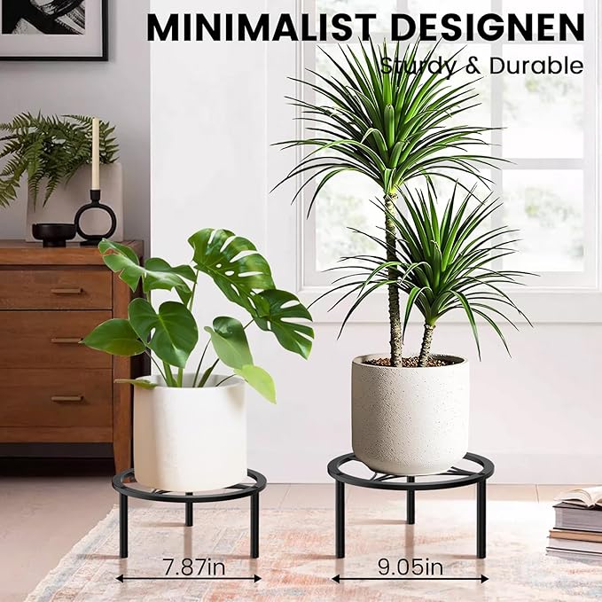 TOSKING Heavy Duty Metal Plant Stand - 9.1-inch Round Tray with Geometric Pattern, Adjustable Leveling Feet & Rust-Resistant Finish for Indoor/Outdoor Use
