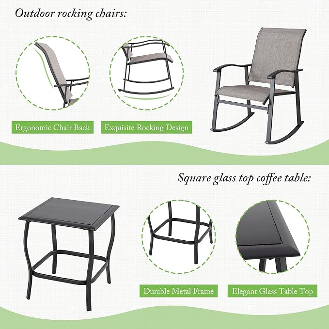 Bistro Set with Rocking Chairs and Glass Table, 3 Piece Taupe Gray