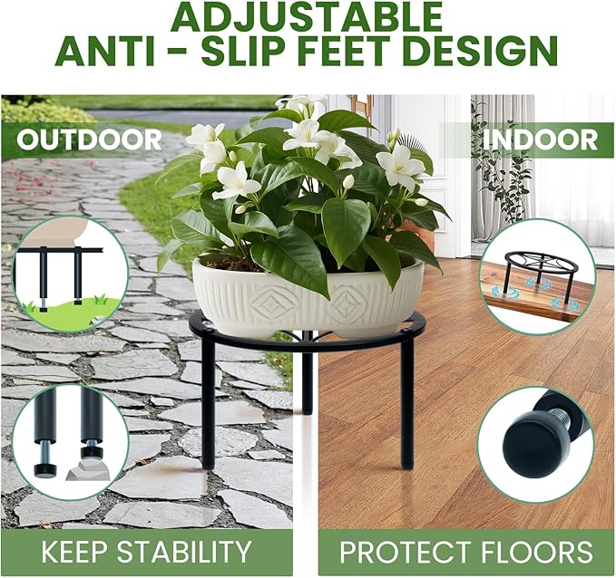 TOSKING Heavy Duty Metal Plant Stand - 9.1-inch Round Tray with Geometric Pattern, Adjustable Leveling Feet & Rust-Resistant Finish for Indoor/Outdoor Use