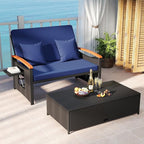 Tangkula Patio Rattan Daybed with 4-Level Adjustable Backrest, Outdoor Wicker Loveseat with Acacia Wood Armrest, Storage Ottoman & Folding Tray, Double Sunbed for Yard & Poolside (Navy & Black)
