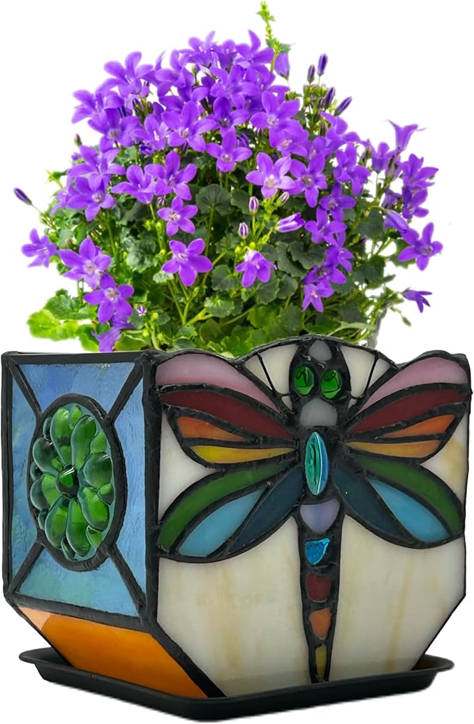 Handcrafted Stained Glass Dragonfly Planter, Decorative Indoor Flower Pot, Succulent Pots with Drainage, Gifts for Plant Lovers