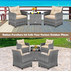 Tangkula 3 Pieces Wicker Patio Furniture Set, Outdoor Rattan Conversation Cushioned Chair Set with Tempered Glass Side Table, for Porch, Balcony and Garden