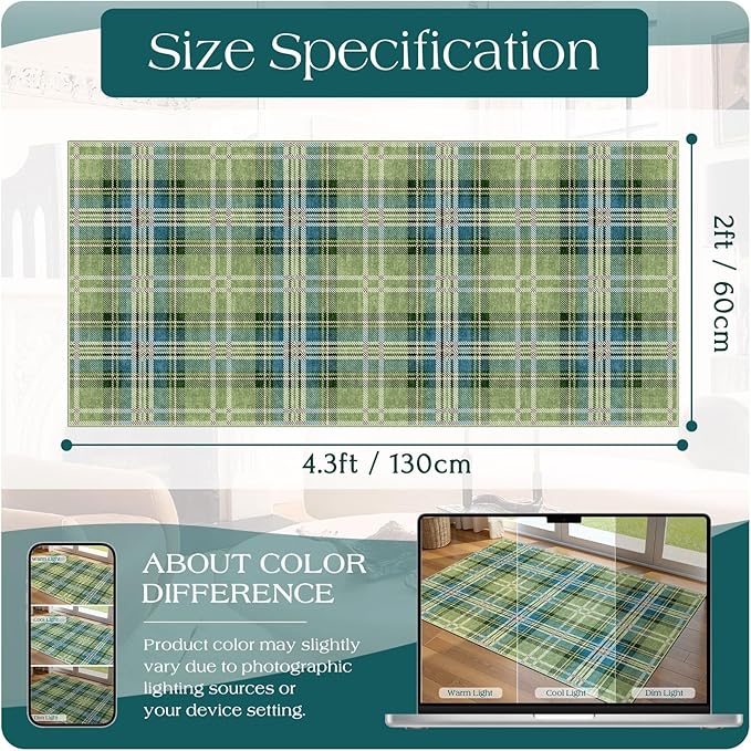 Outdoor Rug Plaid Door Mat, Sage Green Textured, 2 x 4.3 Ft