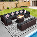 NICESOUL 11 Pcs Modern Outdoor Patio Sectional Furniture Set with Fire Pit Table, 29.3'' High Back Conversation Sets with Firepit, Cozy Large U-Shaped L-Shape Couches, Brown Rattan and Gray Cushion