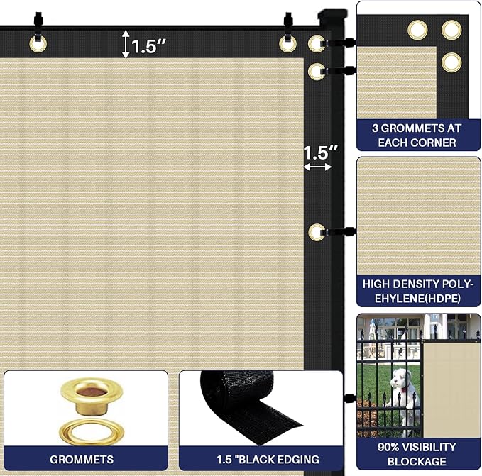 Windscreen4less Privacy Fence Screen Heavy Duty Windscreen Fencing Mesh Fabric Shade Net Cover with Brass Grommtes for Outdoor Wall Garden Yard Pool Deck, 6'x109' Beige