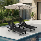 SERWALL Outdoor Chaise Lounge Set of 2 with 9FT Umbrella, HDPE Pool Lounge Chair with 5-Position Adjustable Backrest, Patio Lounger with Rolling Wheels & Cup Holder for Pool, Black