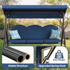 3 Seat Outdoor Porch Patio Swing with Stand 800lbs 2-in-1 Convertible Swing Bed with Adjustable Canopy & Removable Cushion for Yard Garden Deck (Blue, Round Tube)