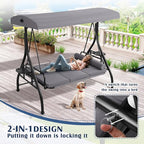 Grepatio Outdoor Porch Swing with Canopy and Stand, 3 Person Patio Swing for Adults, Convertible 2 in 1 Porch Bed Swing with Cup Holder, 3 Seat Swings with 2 Pillow Cushions for Garden, Yard (Grey)