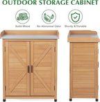 Outdoor Storage Cabinet & Potting Bench Table with Metal Top, Wooden Patio Furniture, Garden Workstation (Light Brwon, 39x31.5x17in)