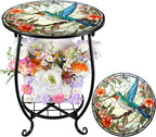 Outdoor Side Table Round Small Mosaic Patio Accent Indoor End Plant Coffee Tea Table for Yard Patio Porch Garden Living Room, Bedroom(Hummingbird A Style,14 Inch)