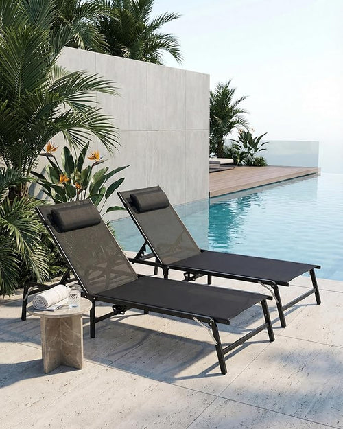 2 Pack Foldable Chaise Lounge Chair with Cup Holder, Assemble-Free Outdoor Lounge Chair with Detachable Pillow and 6 Adjustable Backrest, Patio Lounge Chair for Outside Poolside Beach Pool, Black
