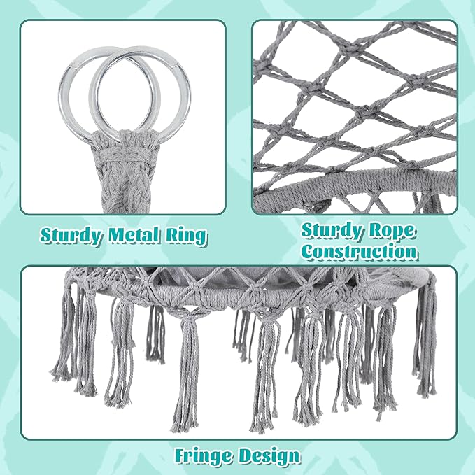 Macrame Hammock Hanging Swinging Chair with Medium Cushion, Perfect for Bedroom, Porch, Adults, Balcony, Grey