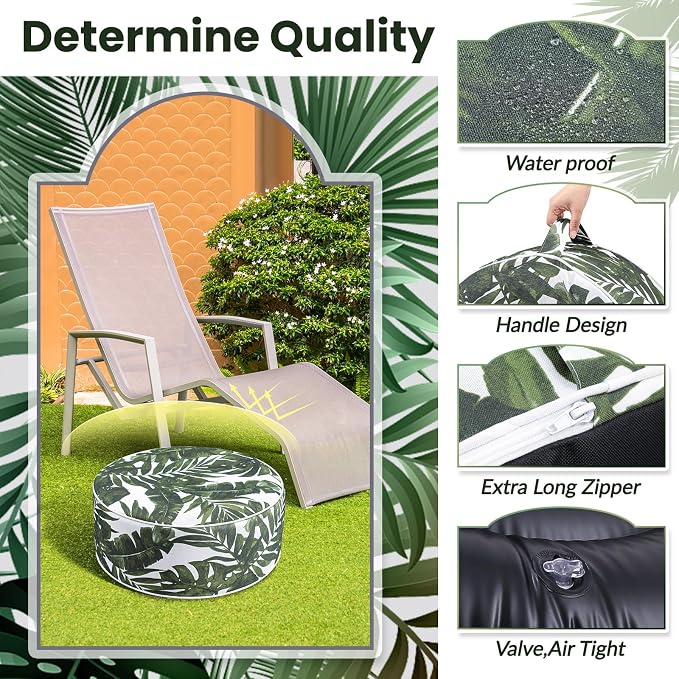 Ottoman Inflatable Round Pouf, Waterproof Cloth, Green, 21-Inch