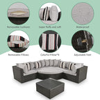 Merax 7-Piece Outdoor Wicker Sectional Sofa Set,Modular Rattan Conversation Set with Gray Cushions,Striped Green Pillows & Tempered Glass Coffee Table for Patio,Garden,Deck,Brown