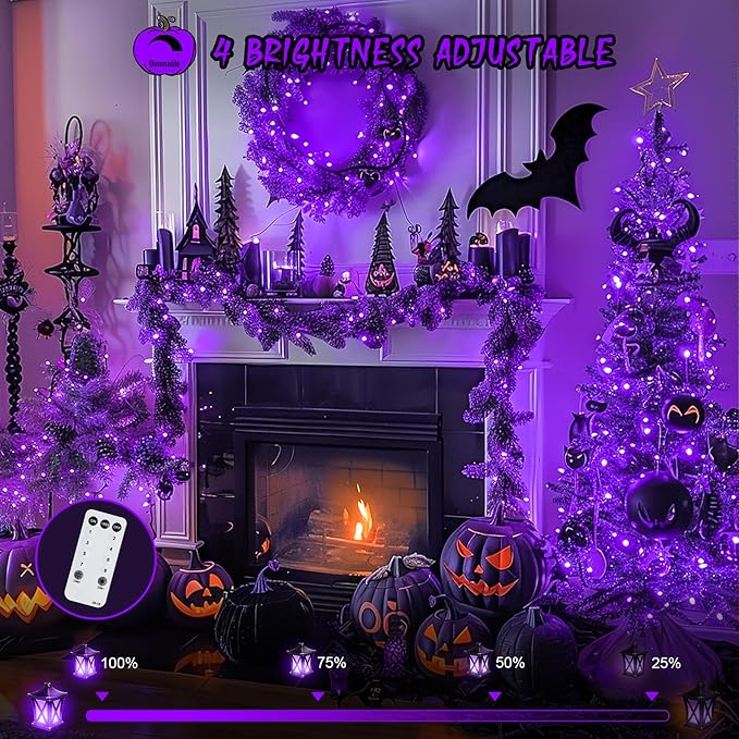 String Lights, 168 ft Purple LED Halloween Outdoor with Remote Control