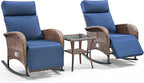 3 Pieces Zero Gravity Wicker Patio Rocking Recliner Chairs Set of 2 - Wicker Outdoor Lounge Chair with Side Table, Adjustable Backrest & Footrest, High Back Outdoor Recliner Chair for Pool Deck Blue