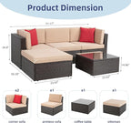 Vongrasig 5 Piece Patio Furniture Sets, All-Weather PE Rattan Wicker Outdoor Sectional Couch, Small Patio Conversation Set with Glass Table for Garden Pool, Beige