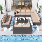 ALAULM Patio Furniture Set with Coffee Table, 14 Pieces Outdoor Sectional with Wide Seat and Thick Cushion, All Weather Wicker Rattan Conversation Set for Backyard, Garden, Deck, Sand