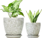 8 Inch + 6 Inch Retro Ceramic Planter Set of 2 with Drainage Hole and Saucer for Multiple Plants, Indoor-Outdoor Garden Pots for Succulent, Orchid, and Flower (Retro White)