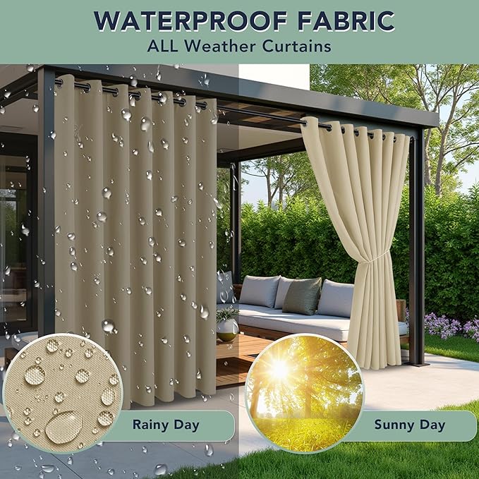 Outdoor Curtains for Patio Waterproof - 8 Panels Privacy Weatherproof Outside Curtains with Grommets for Pergola, Gazebo, Porch, Cabana, Balcony, 54 x 95 Inch, Cream