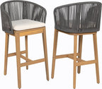 Christopher Knight Home Zax Set of 2 Patio Barstool, Acacia Wood & Rope Outdoor Counter Stool with Backrest/Footrest, Barstool Chairs with Cushion Seating for Backyard Balcony Garden, Beige+Gray+Teak