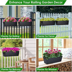 OGIMA 16-Inch Railing Planter Box, 3 Pack Large Hanging Planters for Outdoor Plants with Adjustable Wide Hooks for 2.7'' Railings - Balcony Planters Railing Hanging for Deck, Fence & Patio Decor