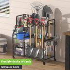 keomaisyto Garden Tool Organizer with Heavy Duty Wheels for Garage - with 2 Baskets, Large Yard Tool Organizer and Storage Holder, Utility Garden Tool Rack for/Shed/Garage/Yard/Basement/Lawn
