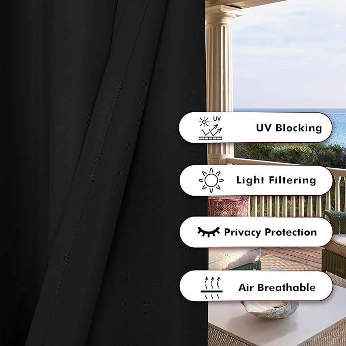 BONZER Waterproof Outdoor Curtains for Patio Porch Pergola Cabana Thick Privacy Wide Grommet Indoor Curtains for Bedroom Living Room, 1 Panel, 110W x 84L inch, Black