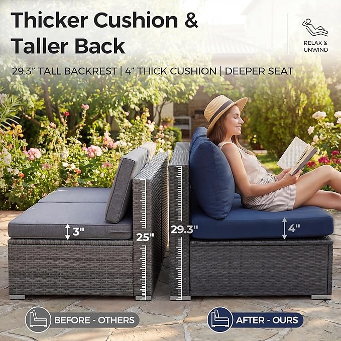 NICESOUL 29.3'' High-Back Outdoor Patio Conversation Set with Fire Pit Table Gas Propane Dual-Fuel, 7 Pcs Oversized Deep & Wide Seated Wicker Sectional Sofa Furniture Set with Firepit, Navy Blue