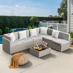 Pamapic 7-Piece Outdoor Sectional Furniture Set, All-Weather Wicker Patio Sofa with Washable Cushions, Gray Waterproof Rattan Conversation Set for Backyard, Poolside, Garden (Gray Cushions)