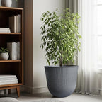 WORTH Garden Round Large Planter Pot Set of 2-17.5" Dia x 15.5" H - Durable Plastic Grey Plant Tree Pots with Vertical Stripe Textured Finish, Drainage Hole for Indoor, Outdoor, Front Porch, Patio