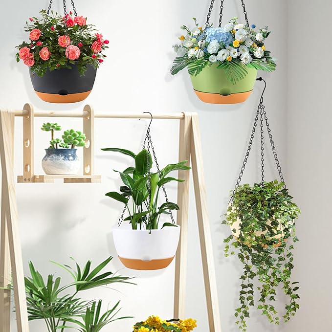 10 inch Hanging Planters for Indoor Outdoor Plants with Self-Watering Pots, 3 Pack Plastic Hanging Basket with Removable tray for Home Garden Porch Balcony Patio Decor(Green）