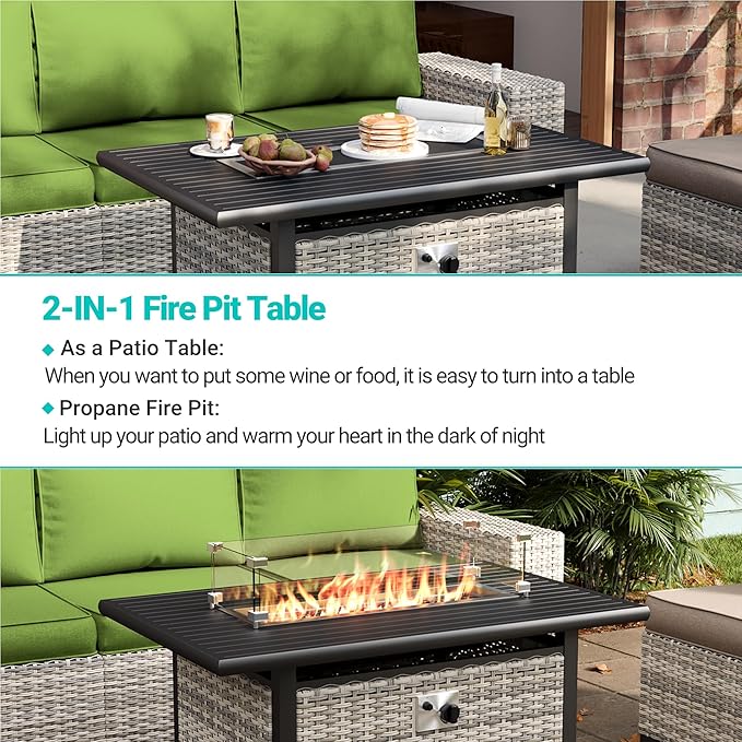 10-Piece Outdoor Patio Furniture Set with Rocking Swivel Chair, PE Wicker Rattan Sectional Sofa Patio Conversation Set with 55,000 BTU Fire Pit Table & Coffee Table, Avocado Green