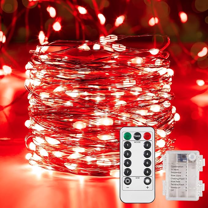 Indoor String Lights, Red Battery-Powered LED Set with Remote, 65.6 Ft