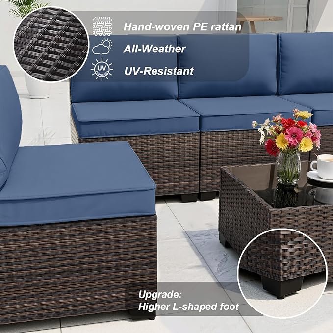 ALAULM 10 Pieces Patio Furniture Set with Propane Fire Pit Table Outdoor Sectional Sofa Sets Patio Furniture 43" Gas Fire Pit Brown PE Rattan Patio Conversation Set w/8 Seat Cushions (Deep Blue)