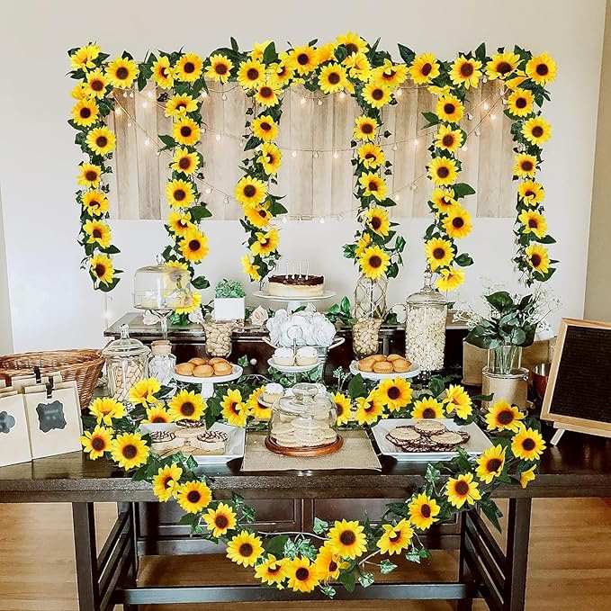 Artificial Sunflower Garland, 7.5 Ft Green Silk Vines, 12 Pack