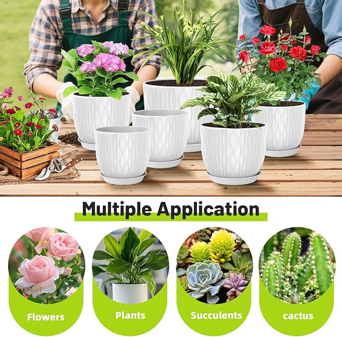 Plastic Plant Pots 10/9/8/7.5/7 inch Set of 5, Flower Planters with Drainage Holes and Saucers, Plastic Pots for Indoor Outdoor Plants, Livingroom Garden Decor (White)