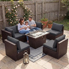 NICESOUL 7 Piece Large Size Outdoor Patio Furniture Set with Fire Pit, 29.3'' High Back Deep Seat Sectional Conversation Sets, Heavy Duty Modern Backyard Sitting, Brown Rattan and Dark Grey Cushion