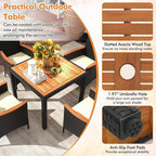 Tangkula 5 Pieces Rattan Outdoor Dining Set for 4, Outdoor Acacia Wood Table Set with 4 Cushioned Wicker Chairs, Umbrella Hole, Patio Dining Furniture Set for Deck Pool Backyard