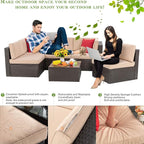 Vongrasig 6 Piece Patio Furniture Set, Small Outdoor Sectional Sofa Couch, All Weather PE Wicker L-Shaped Corner Patio Sofa Garden Backyard Patio Conversation Set w/Glass Table, Beige