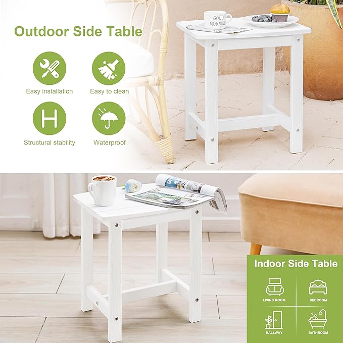 Y&M Outdoor Side Table, HIPS Adirondack Small Single Table, Waterproof Square Outside Table, Balcony Modern End Tables for Patio, Pool, Beach, Porch, Deck, Indoor or Outdoor Use (White, 2 Pack)
