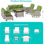 10-Piece Outdoor Patio Furniture Set with Rocking Swivel Chair, PE Wicker Rattan Sectional Sofa Patio Conversation Set with 55,000 BTU Fire Pit Table & Coffee Table, Avocado Green