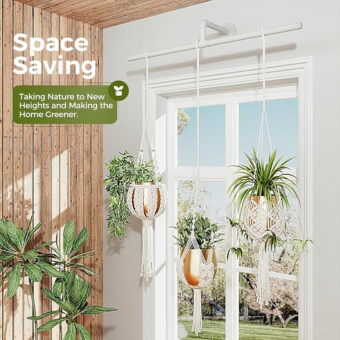 Bamworld Hanging Planters for Indoor Plants Plant Hanger Indoor Hanging Plant Holder Window Plant Shelves Metal Rod(Pot&Plant Not Included) 35.8in White