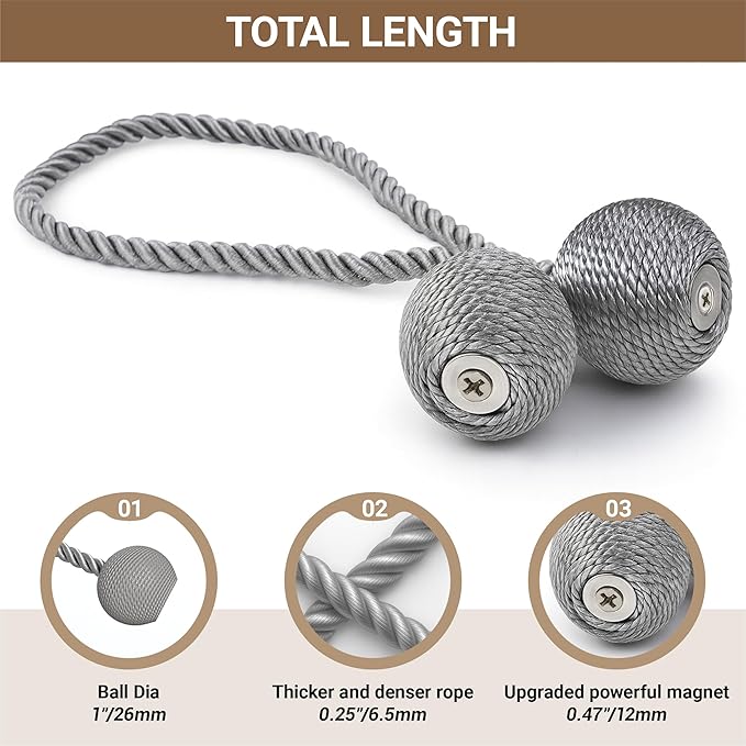 Hion Magnetic Curtain Tiebacks Grey 4 Pack, Curtain Tiebacks Buckles Holdbacks Holders Hooks Clip for Home Bedroom Office Decorative Thick or Thin Curtain