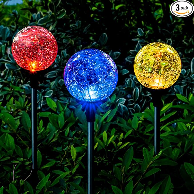 SOLPEX Solar Garden Lights 3 Pack, Solar Lights Outdoor Decorative, Solar Globe Lights Outdoor Waterproof for Yard and Garden, Multi-Color Changing Cracked Glass Ball LED Lights