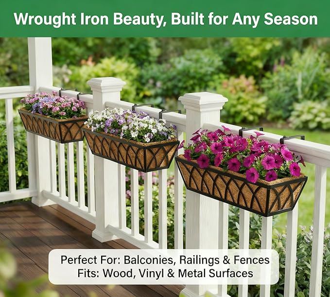 24 Inch Window Deck with Coco Liner, 24" Window Boxes Horse Trough with Coconut Coir Liner, Fence Metal Hanging Flower Planter Window Basket Deck Railing Planter Boxes for Outdoor Garden Lawn, 4pcs