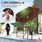 Patio Dining Set with Umbrella, 2 Folding Chairs, Brown Glass Table