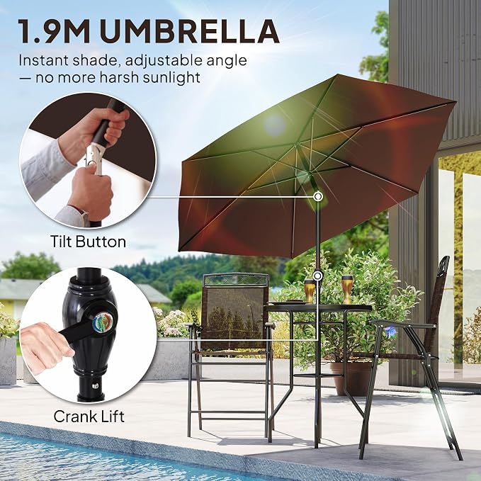 Patio Dining Set with Umbrella, 2 Folding Chairs, Brown Glass Table