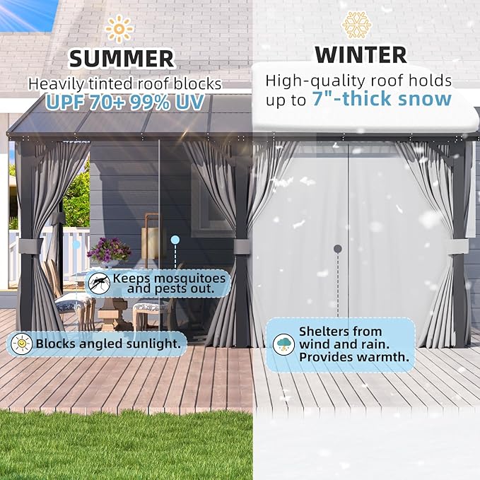 AECOJOY 20' x 10' Outdoo Gazebo for Patio with Curtains and Netting, Large Wall-Mounted Pergolas and Gazebos Clearance Hardtop 10x20 Lean to Metal Gazebo with Patio Roof, Heavy Duty Awnings for Patio